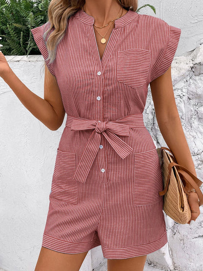 Striped Notched Tie Waist Romper Dusty Pink