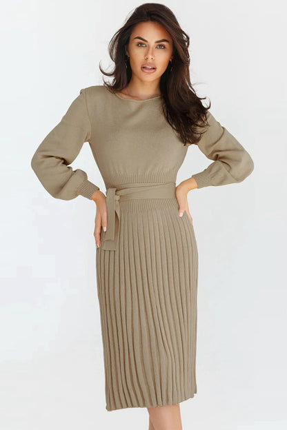 Round Neck Long Sleeve Pleated Sweater Dress Khaki