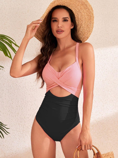 Crisscross Cutout V-Neck One-Piece Swimwear Watermelon pink