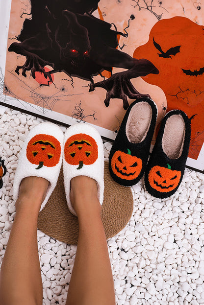 Black Halloween Pumpkin Print Plush Slippers