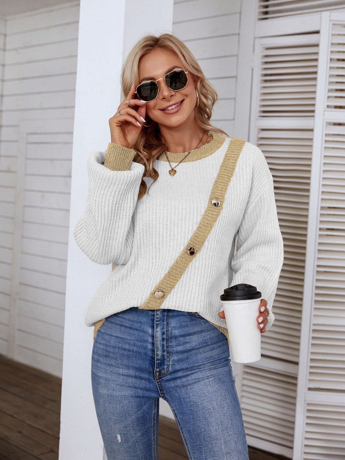 Decorative Button Round Neck Sweater White