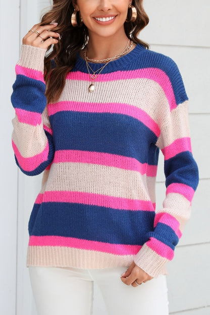 Color Block Round Neck Dropped Shoulder Sweater Dark Blue