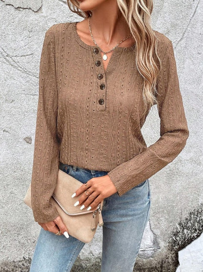 Openwork Half Button Long Sleeve Blouse Camel