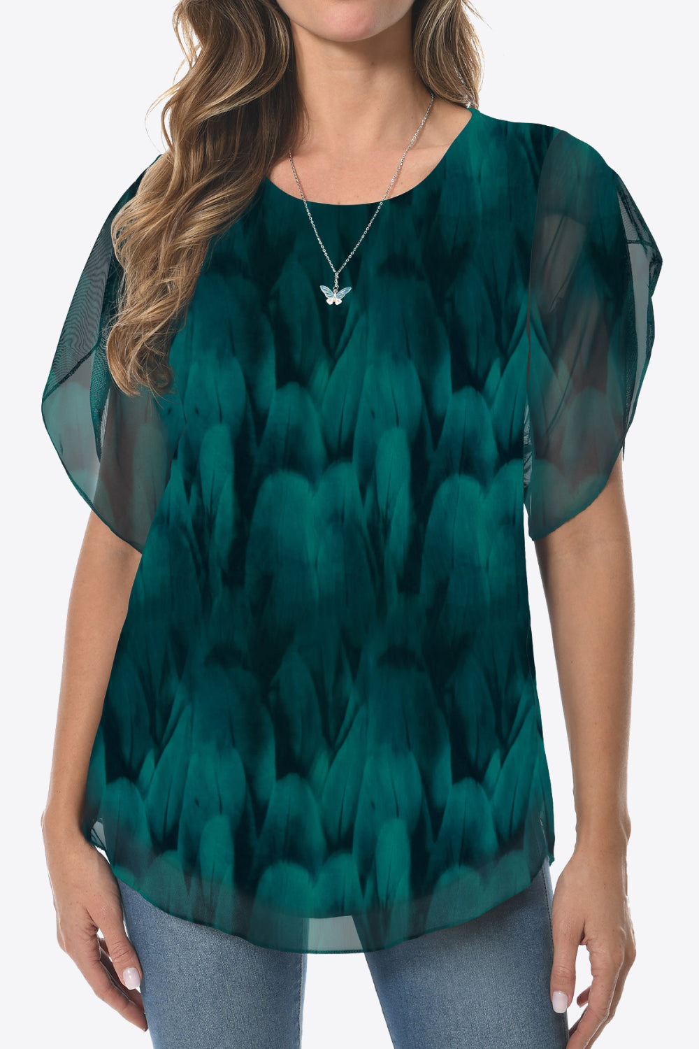 Printed Round Neck Curved Hem Blouse Teal