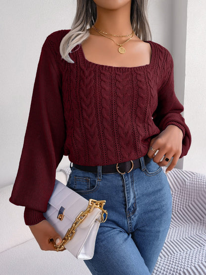 Cable-Knit Square Neck Long Sleeve Sweater Wine