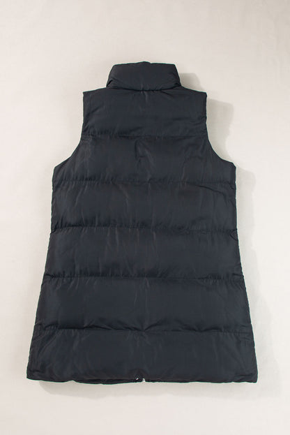 Black Windproof Longline Full Zipper Puffer Vest with Pockets