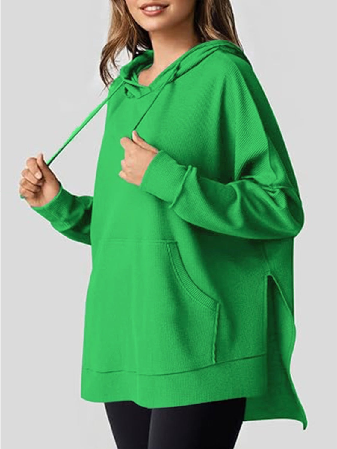 Drawstring Slit Long Sleeve Hoodie Green