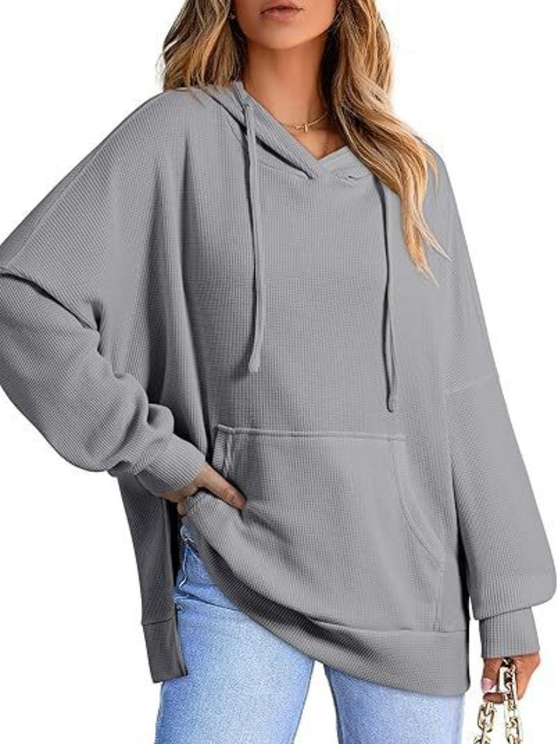 Drawstring Slit Long Sleeve Hoodie Gray