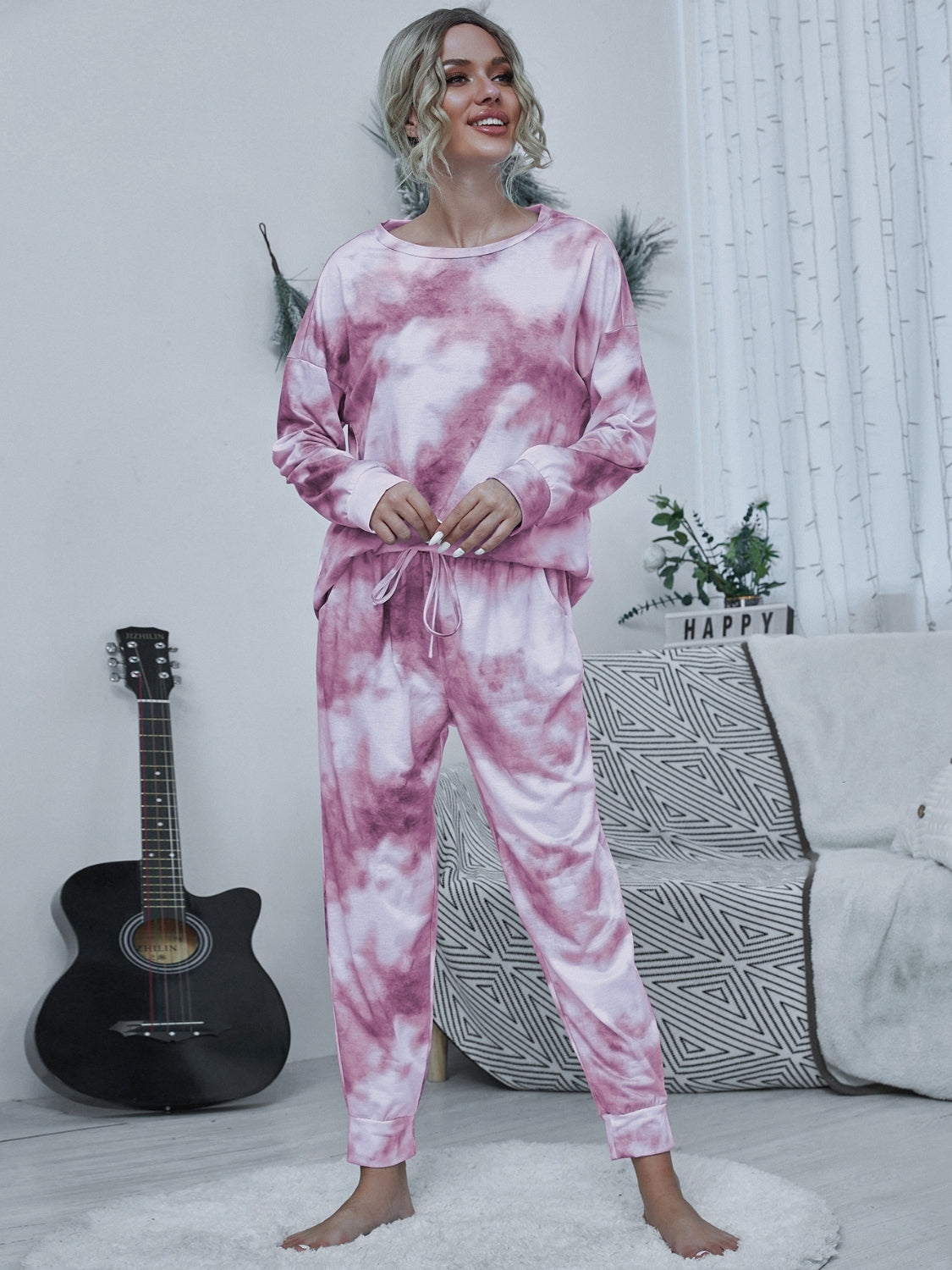 Shiny Tie-dye Round Neck Top and Drawstring Pants Lounge Set Carnation Pink