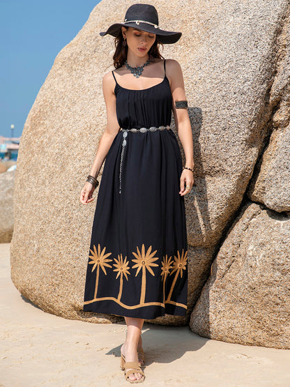 Embroidered Scoop Neck Midi Cami Dress Black