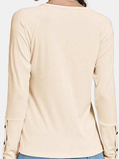 Decorative Button V-Neck Long Sleeve T-Shirt