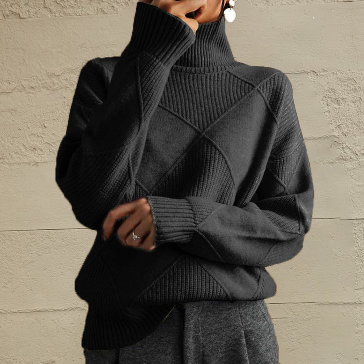 Geometric Turtleneck Long Sleeve Sweater Black