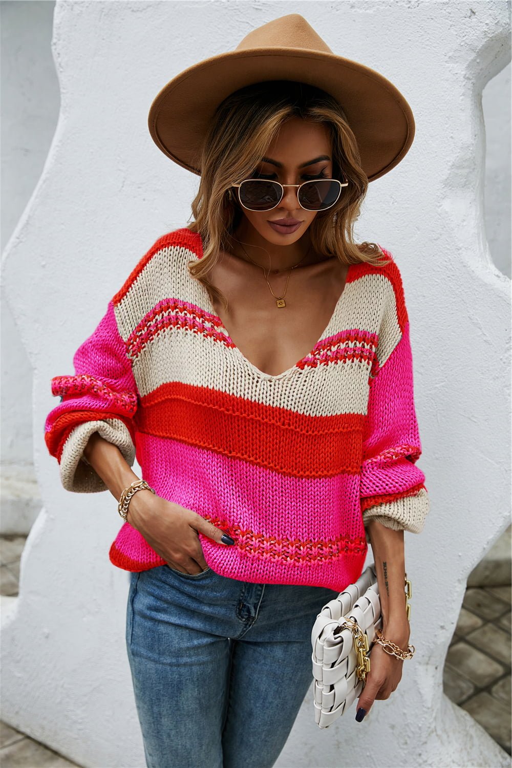 Color Block Scoop Neck Sweater Hot Pink