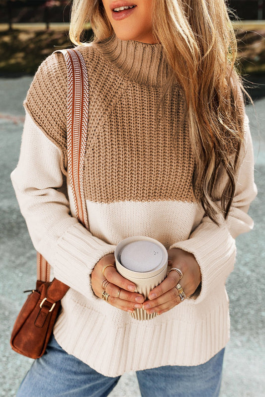 Color Block Slit Mock Neck Sweater Camel