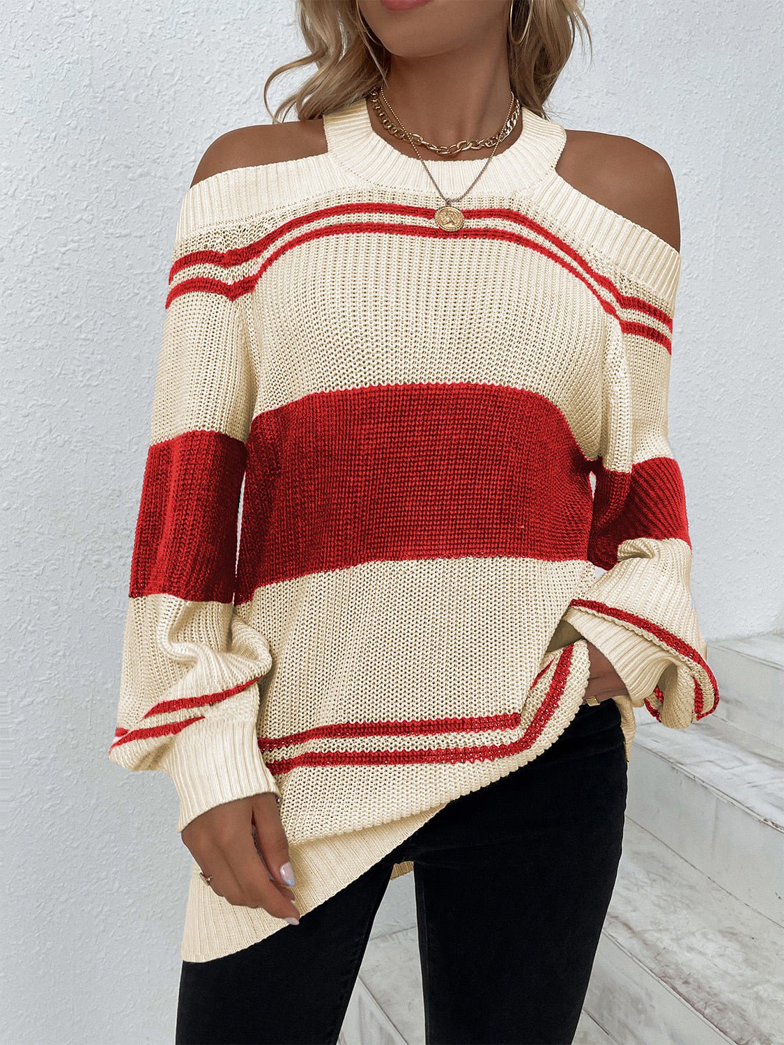 Color Block Striped Cold Shoulder Sweater Khaki