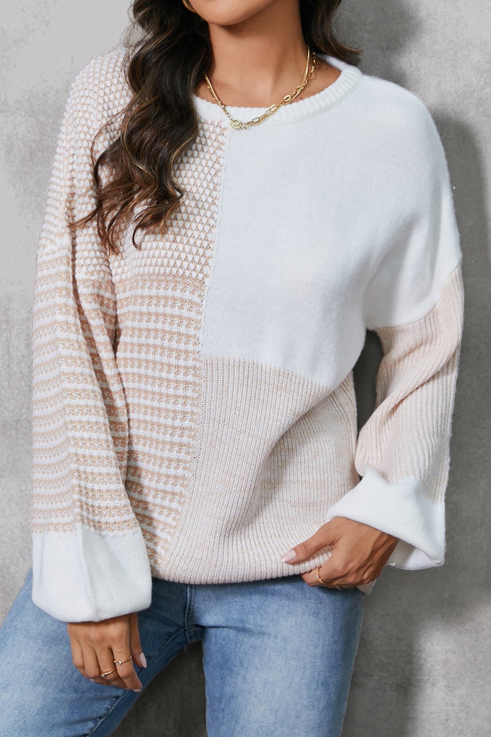 Color Block Tied Dropped Shoulder Sweater White