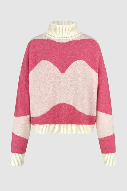 Color Block Turtleneck Dropped Shoulder Sweater Pink