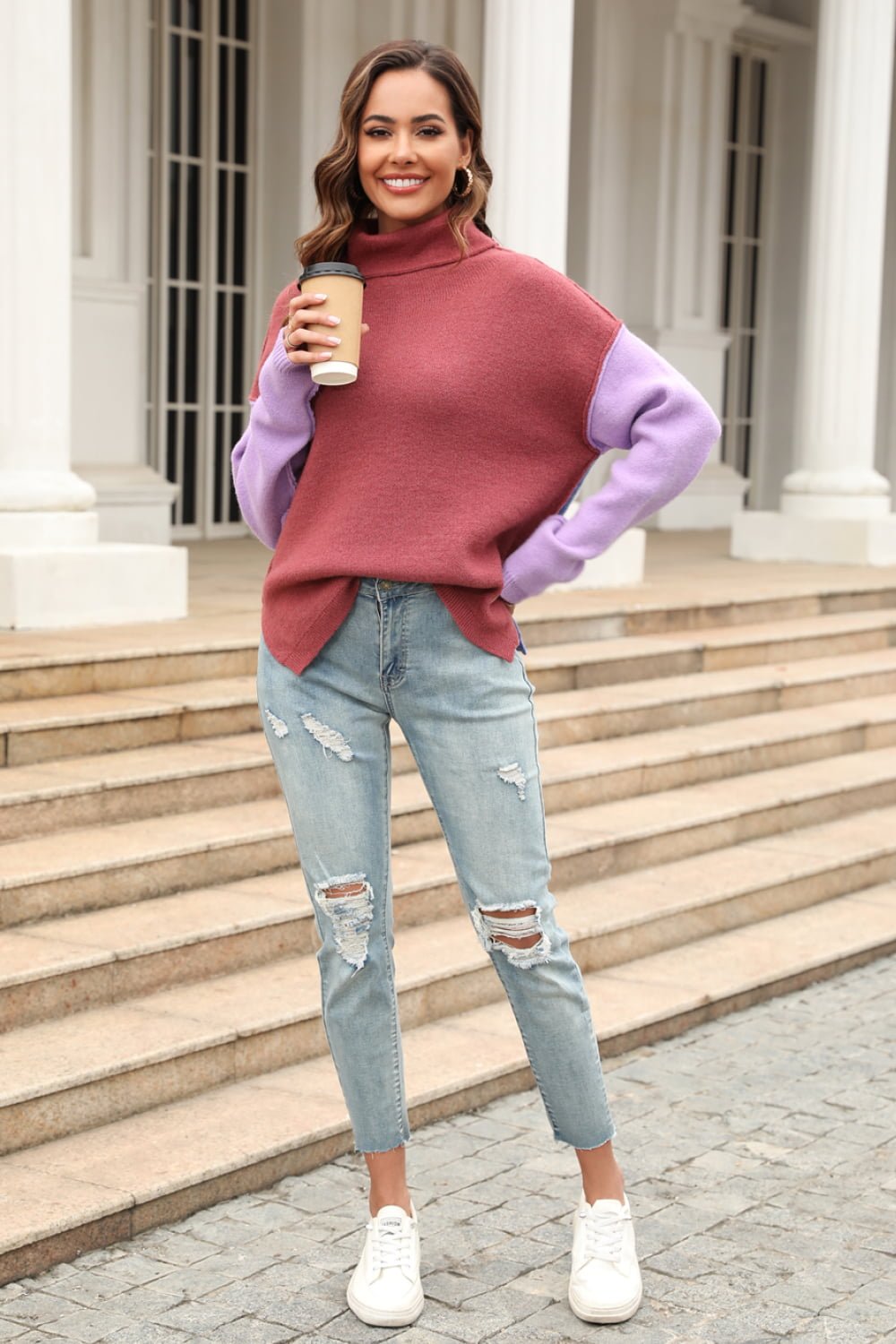 Color Block Turtleneck Slit Sweater