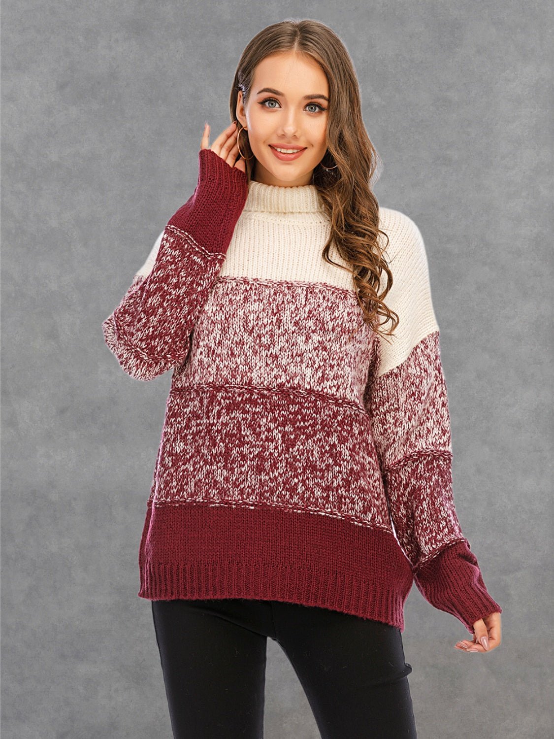 Color Block Turtleneck Sweater Wine