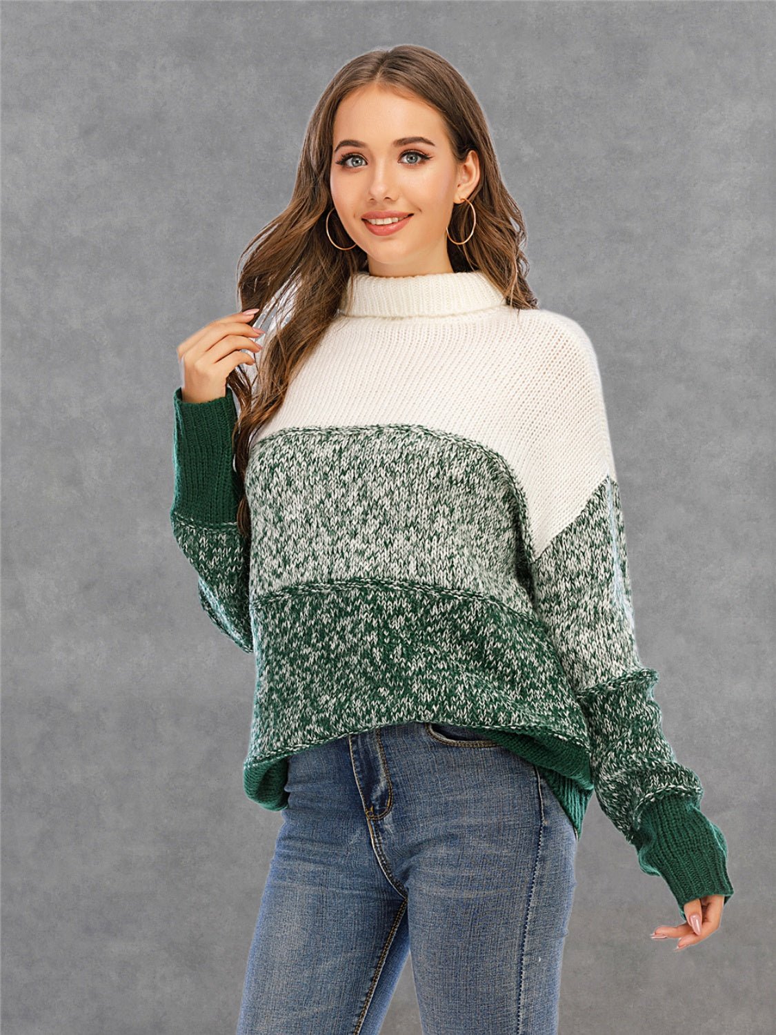 Color Block Turtleneck Sweater Green