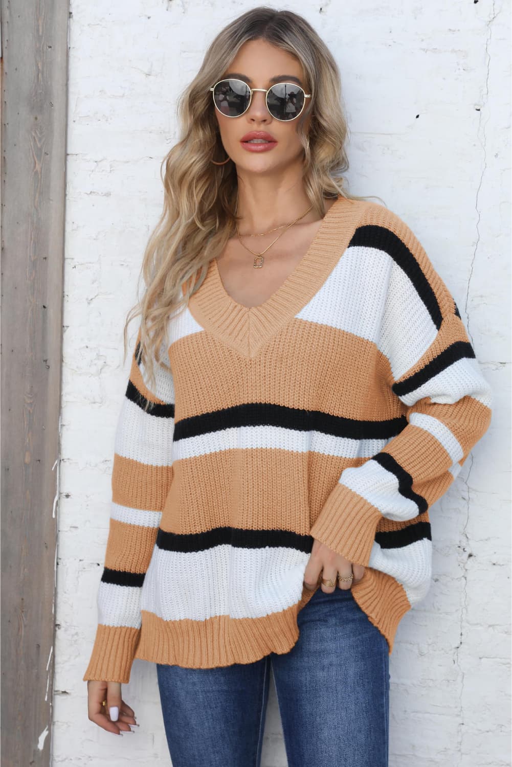 Color Block V-Neck Dropped Shoulder Sweater Tan One Size