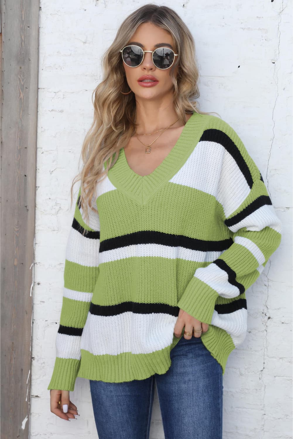 Color Block V-Neck Dropped Shoulder Sweater Yellow-Green One Size