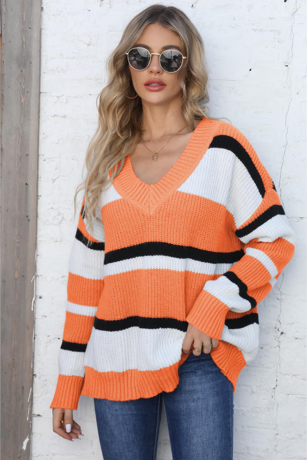 Color Block V-Neck Dropped Shoulder Sweater Tangerine One Size