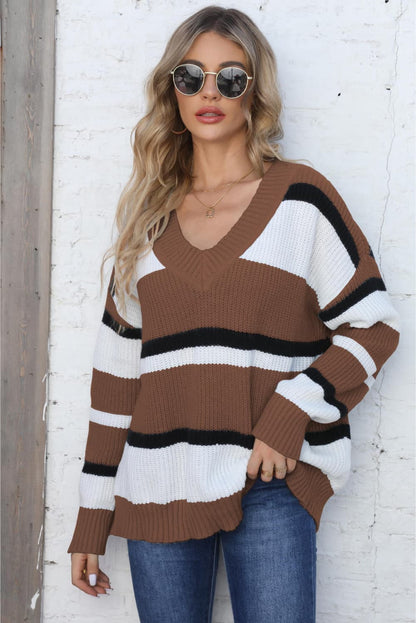 Color Block V-Neck Dropped Shoulder Sweater Chocolate One Size