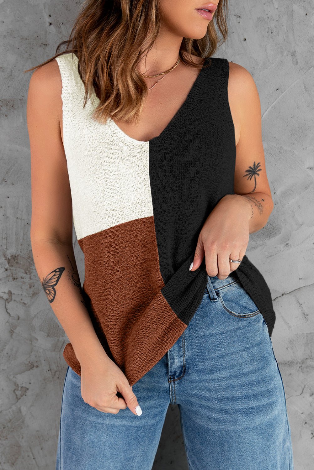 Color Block V-Neck Knit Vest Dark Brown