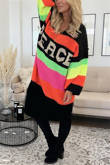 Color Block V-Neck Long Sleeve Sweater Dress Black