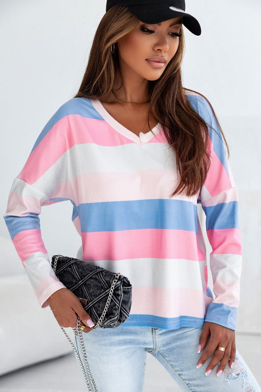 Color Block V-Neck Long Sleeve T-Shirt Watermelon pink