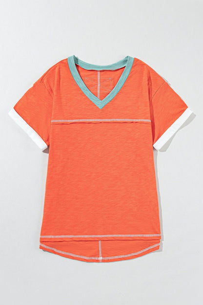 Color Block V-Neck Short Sleeve T-Shirt