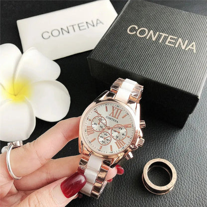 CONTENA 2023 Top Brand Luxury Women's Watches | Fashion Creative Steel Bracelet Ladies Quartz Watch White