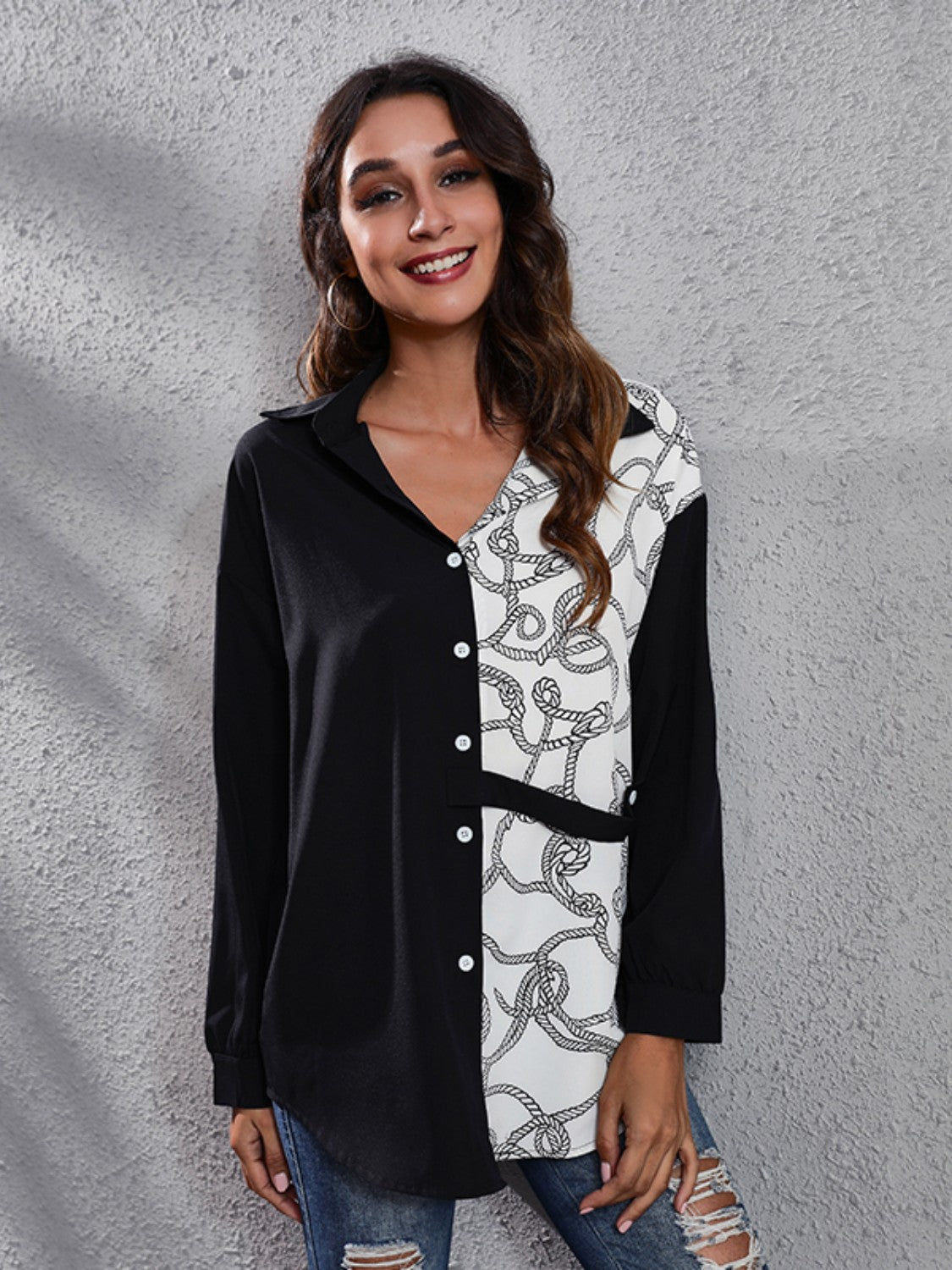 Contrast Button Up Long Sleeve Shirt Black