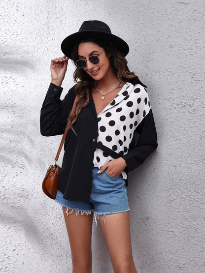 Contrast Button Up Long Sleeve Shirt Dot