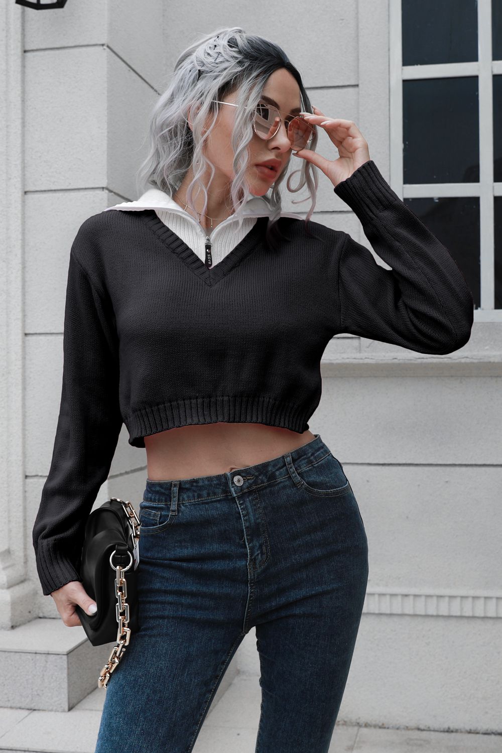 Contrast Collared Cropped Sweater Black