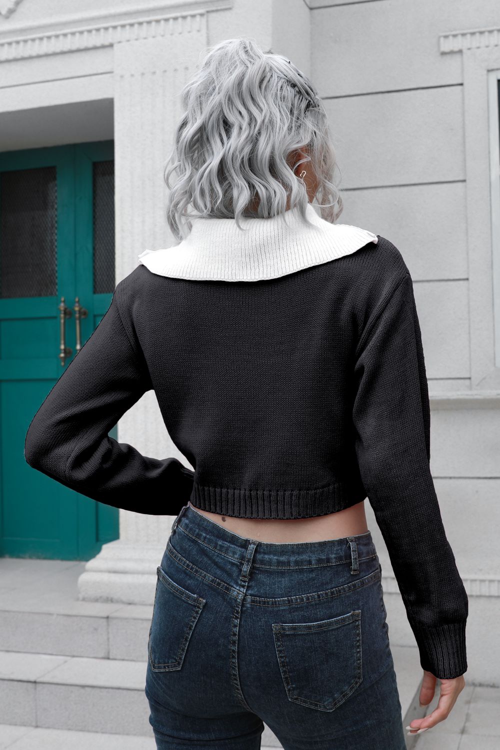 Contrast Collared Cropped Sweater