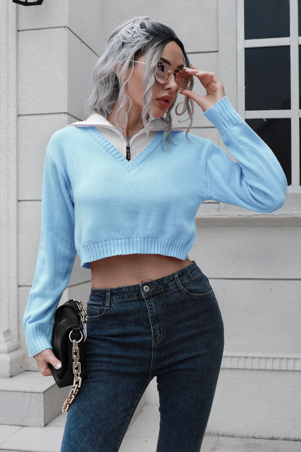 Contrast Collared Cropped Sweater Light Blue