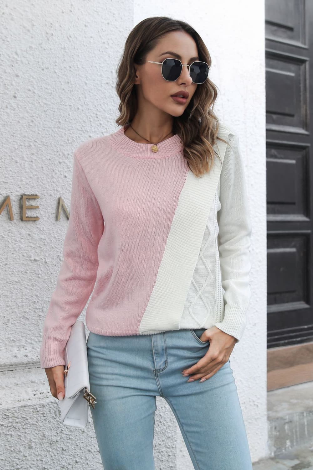 Contrast Color Round Neck Long Sleeve Sweater Blush Pink