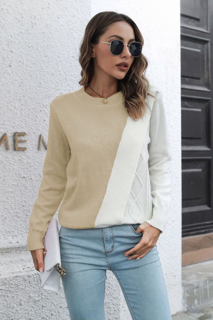 Contrast Color Round Neck Long Sleeve Sweater Beige