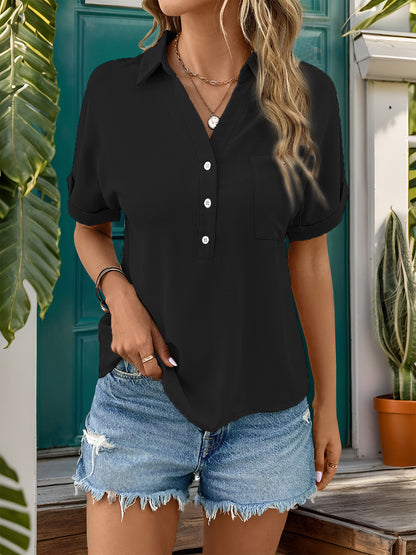 Johnny Collar Half Sleeve Blouse Black