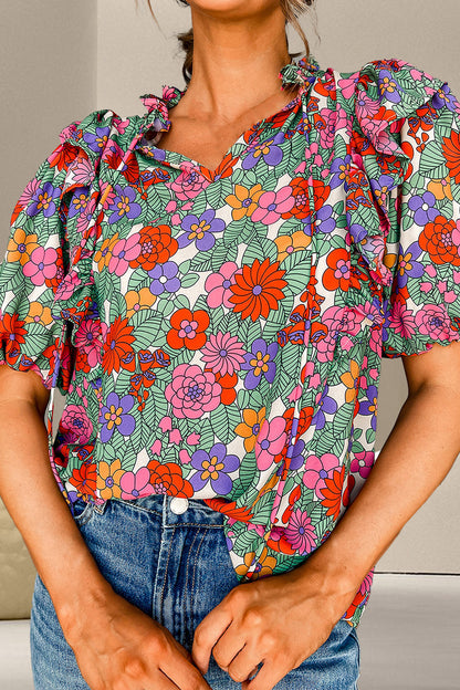 Ruffled Printed Tie Neck Short Sleeve Blouse Floral