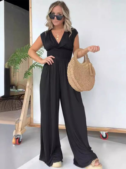 Smocked Cap Sleeve Wide Leg Jumpsuit Black