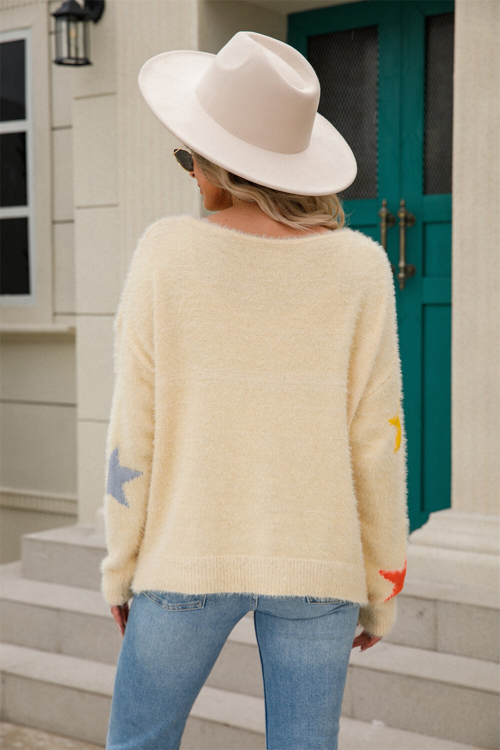 Star Pattern Round Neck Fuzzy Sweater with Dropped Shoulders