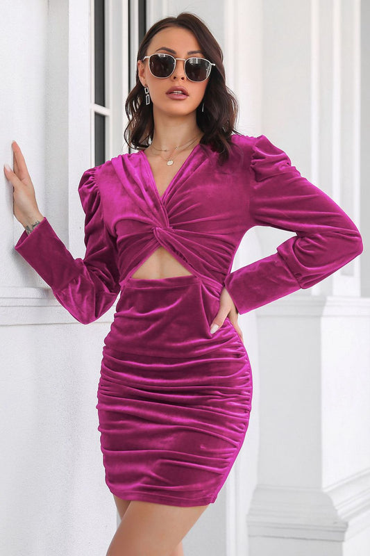 Twist Front Cutout Long Sleeve Dress Hot Pink