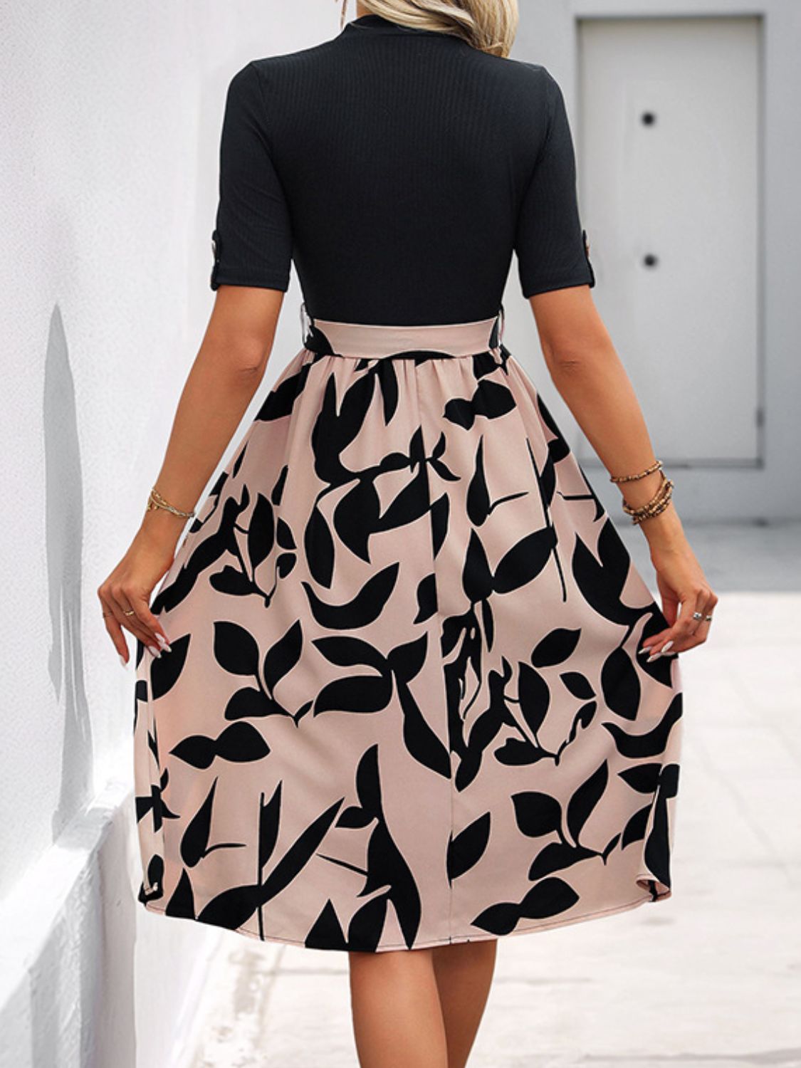 Perfee Tied Printed Mock Neck Short Sleeve Dress