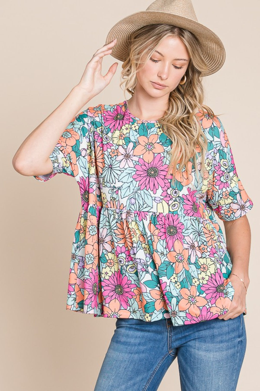 BOMBOM Floral Round Neck Short Sleeve Blouse Floral