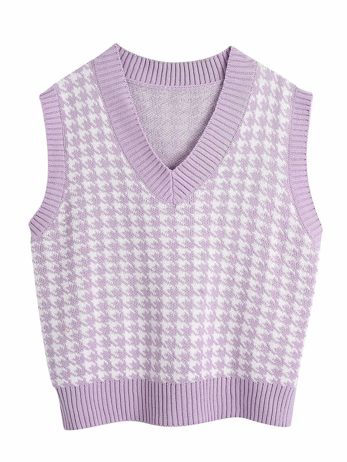 Houndstooth V-Neck Sweater Vest Lavender