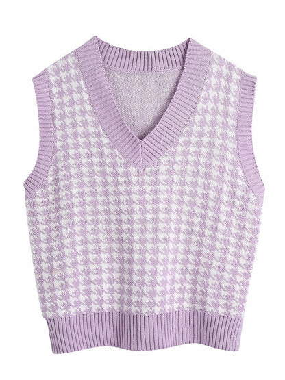 Houndstooth V-Neck Sweater Vest Lavender