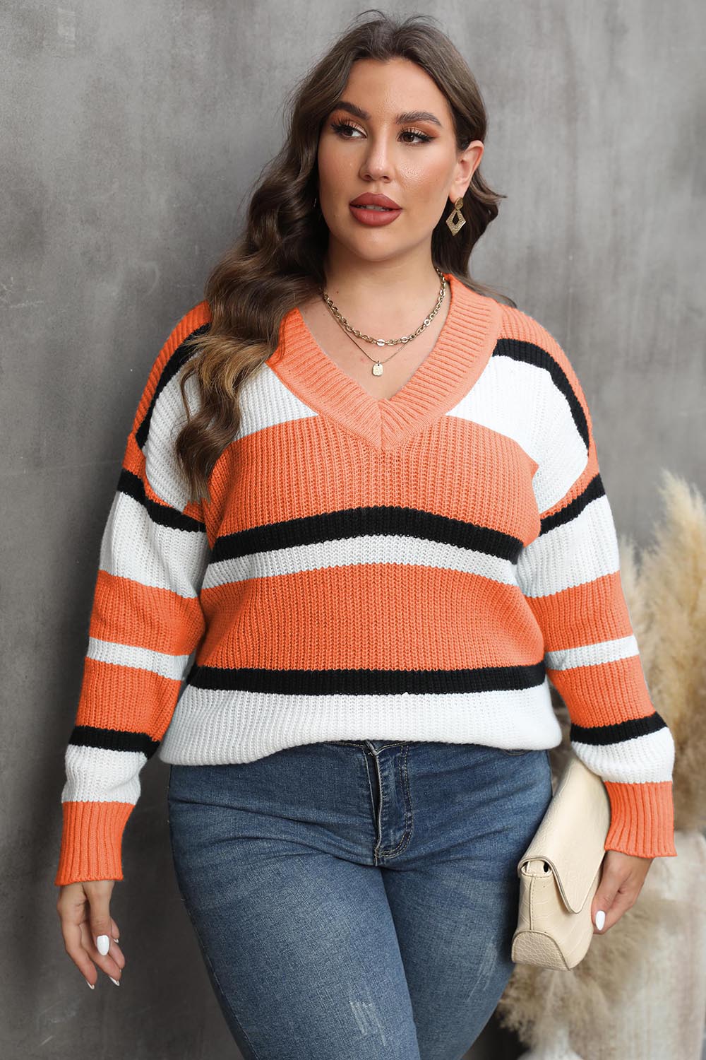 Plus Size Striped V-Neck Dropped Shoulder Sweater Pumpkin